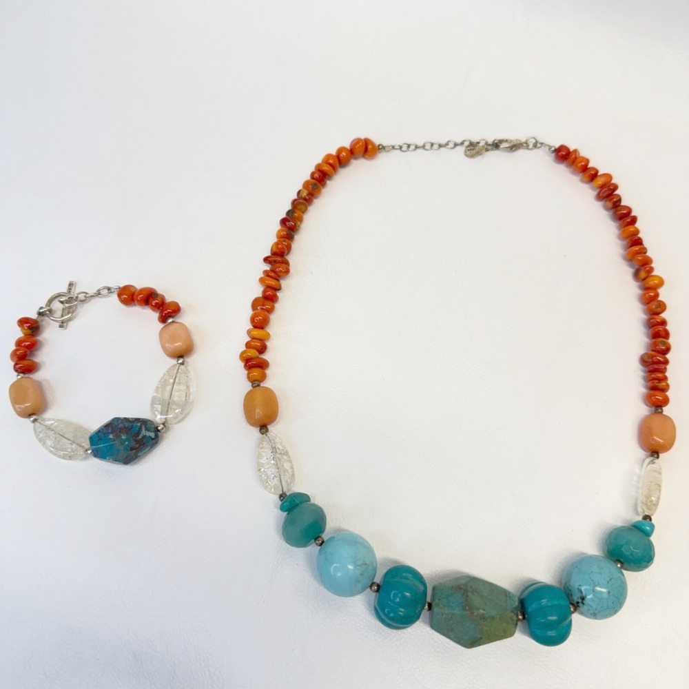 Barse‎ Stone Bead Necklace and Bracelet Set Turquoise Howlite Quartz Coral Agate